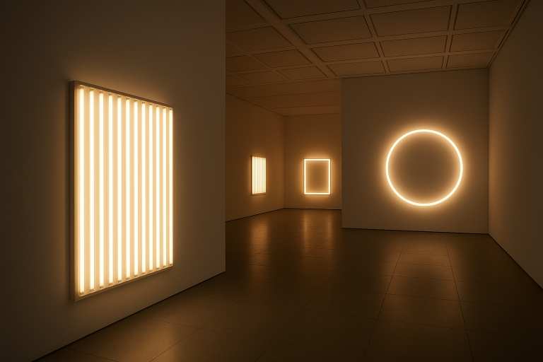 Instalación de iluminación técnica en una galería de arte en Madrid, proyectando luz cálida y dirigida sobre pinturas sin alterar su conservación.