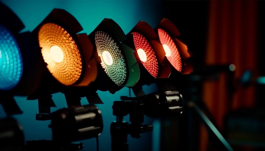 Juego de luces escénicas proyectadas en un escenario teatral madrileño durante el ensayo de una obra contemporánea.